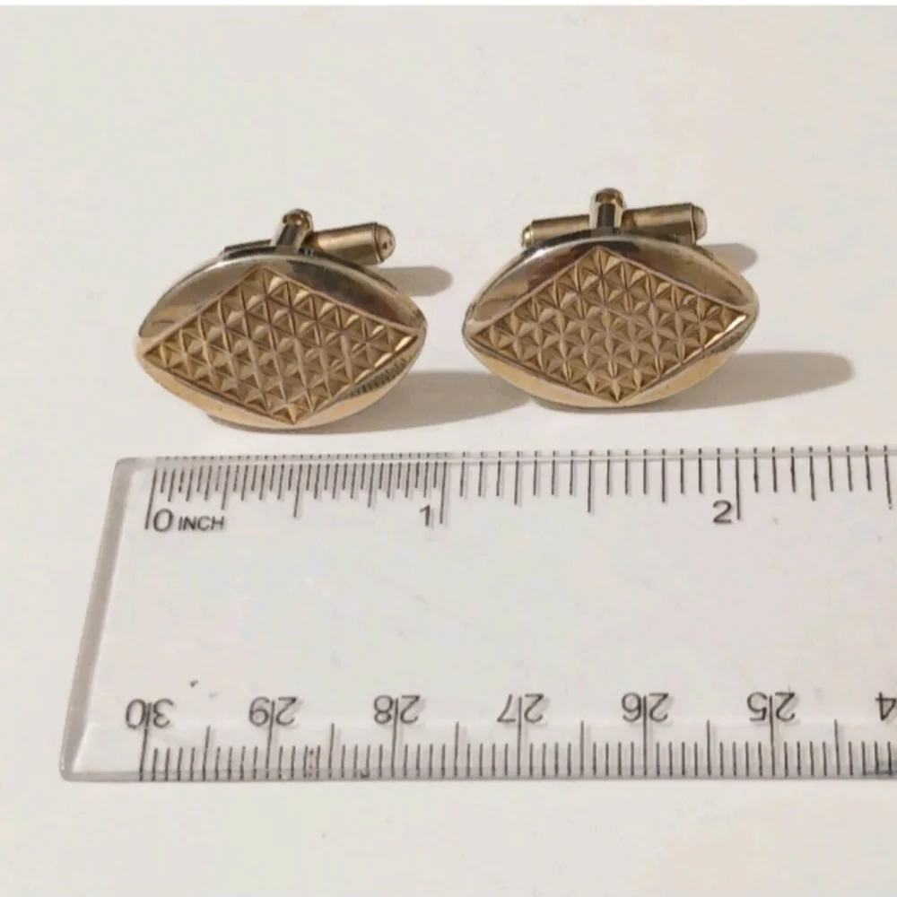 VTG Gold Tone Etched Navette Cufflinks, Atomic Space Age Modernist Diamond-Cut